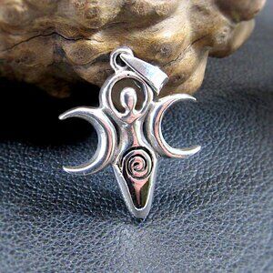 Solid 925 Sterling Silver Spiral Goddess Triple Moon Pendant - Witchy Jewelry